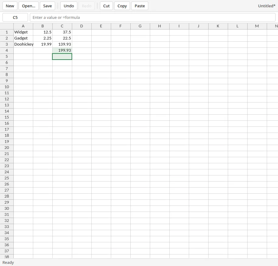 The IronIngot spreadsheet with a small table of items, quantities and a summed total in the selected column.