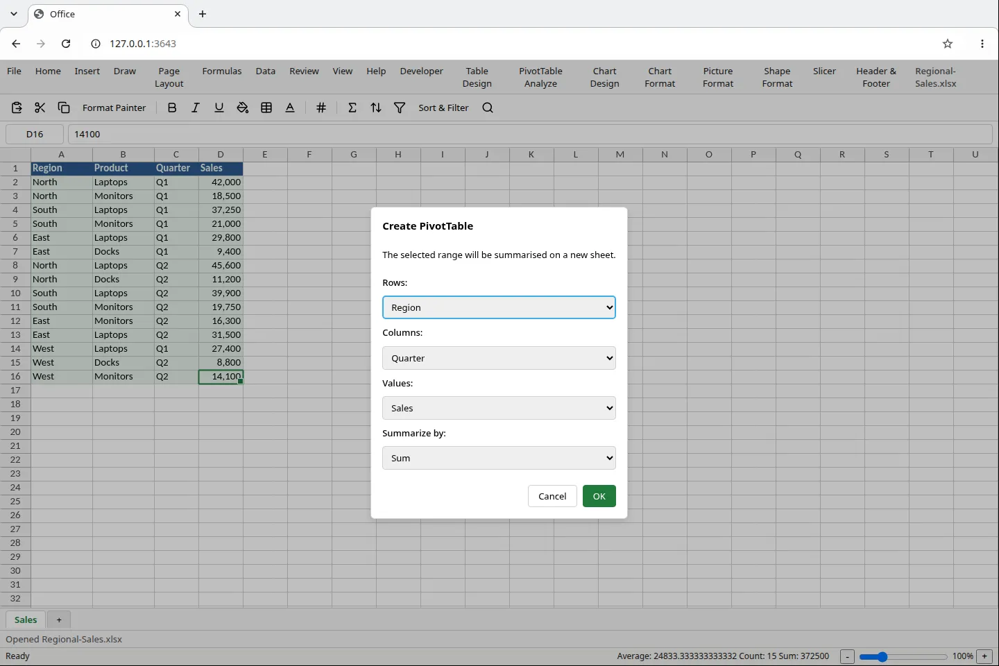 The IronIngot spreadsheet running in a browser tab, with a sixteen-row regional sales table behind a Create PivotTable dialog. The dialog offers four dropdowns - Rows set to Region, Columns to Quarter, Values to Sales, and Summarize by set to Sum.